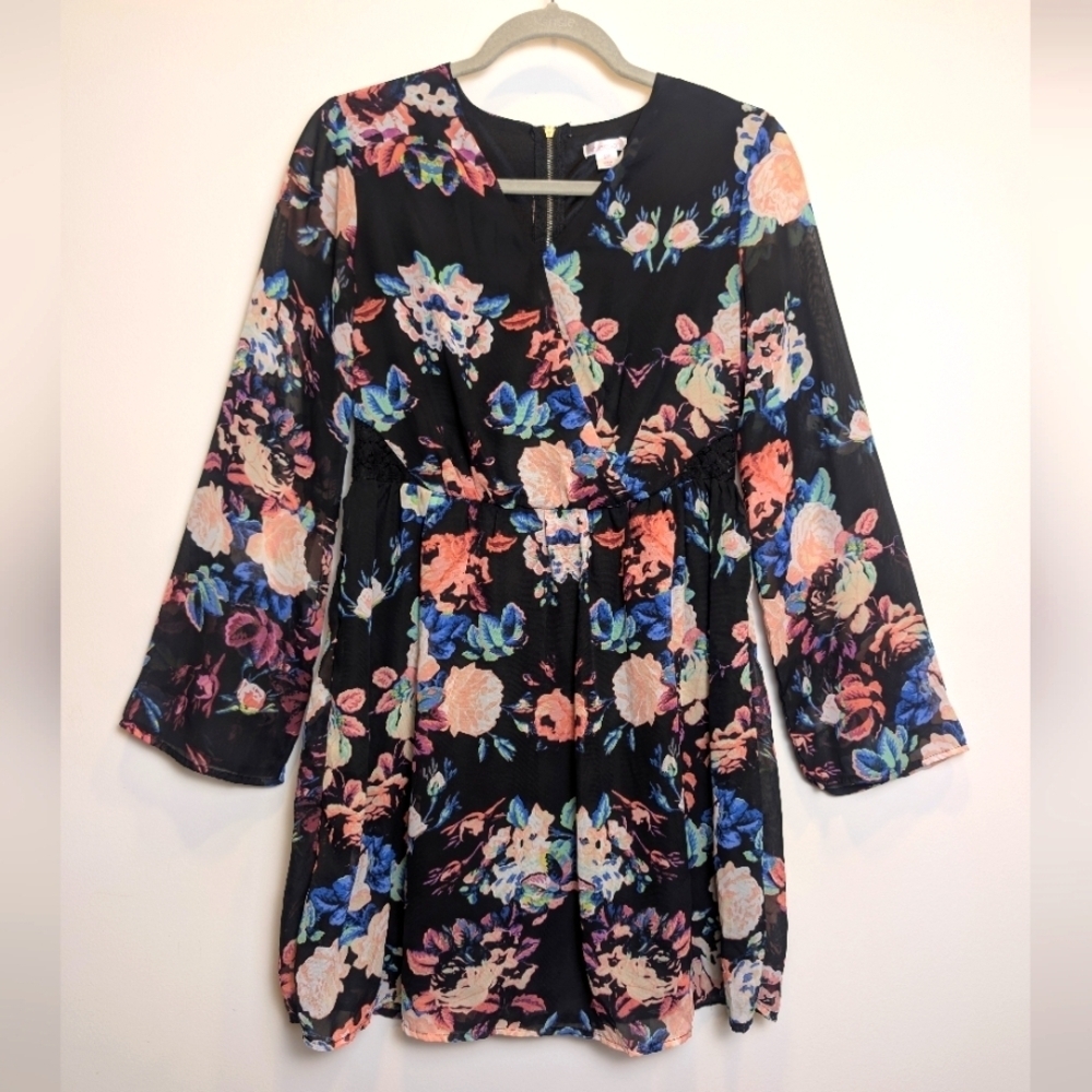 Xhilaration Black Pink Blue Floral Sheer Long Sleeve Dress Small
